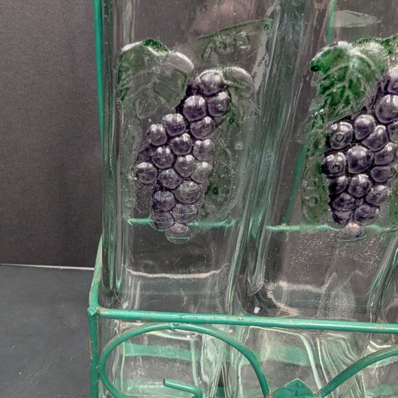 Four Piece Storage Set 13" Green Metal Rack and 3 Grapes Glass 10" Jars No Lids - Picture 2 of 9
